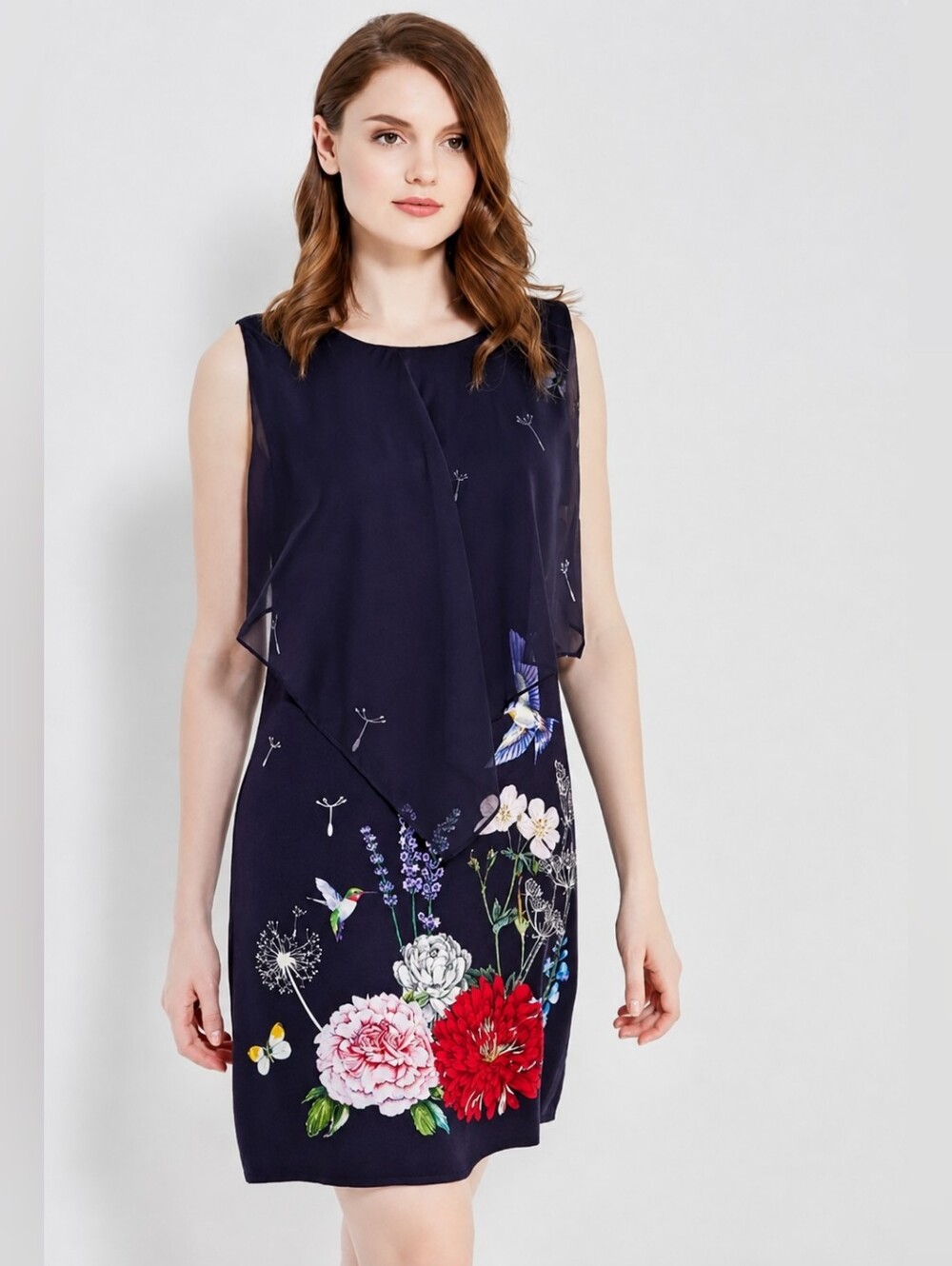 Desigual (220$) | Navy Floral Hummingbird Layered Chiffon Shift Dress, Size 42